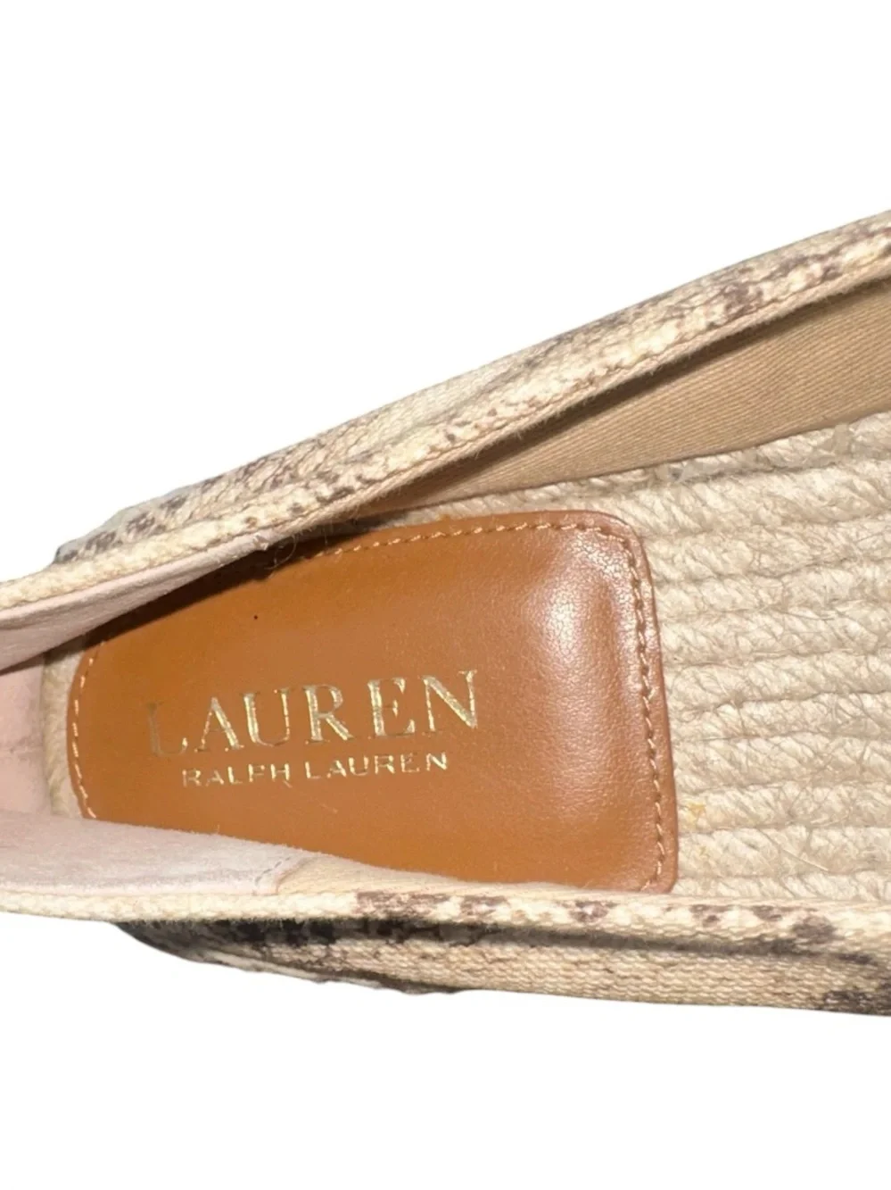 Lauren Ralph Lauren Espadrille Tan Snake-Print  Canvas Jute Sole Sz 9.5 Like New
